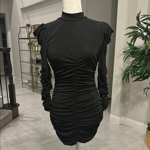 Black Ruched Bodycon Dress with Puff Sleeves